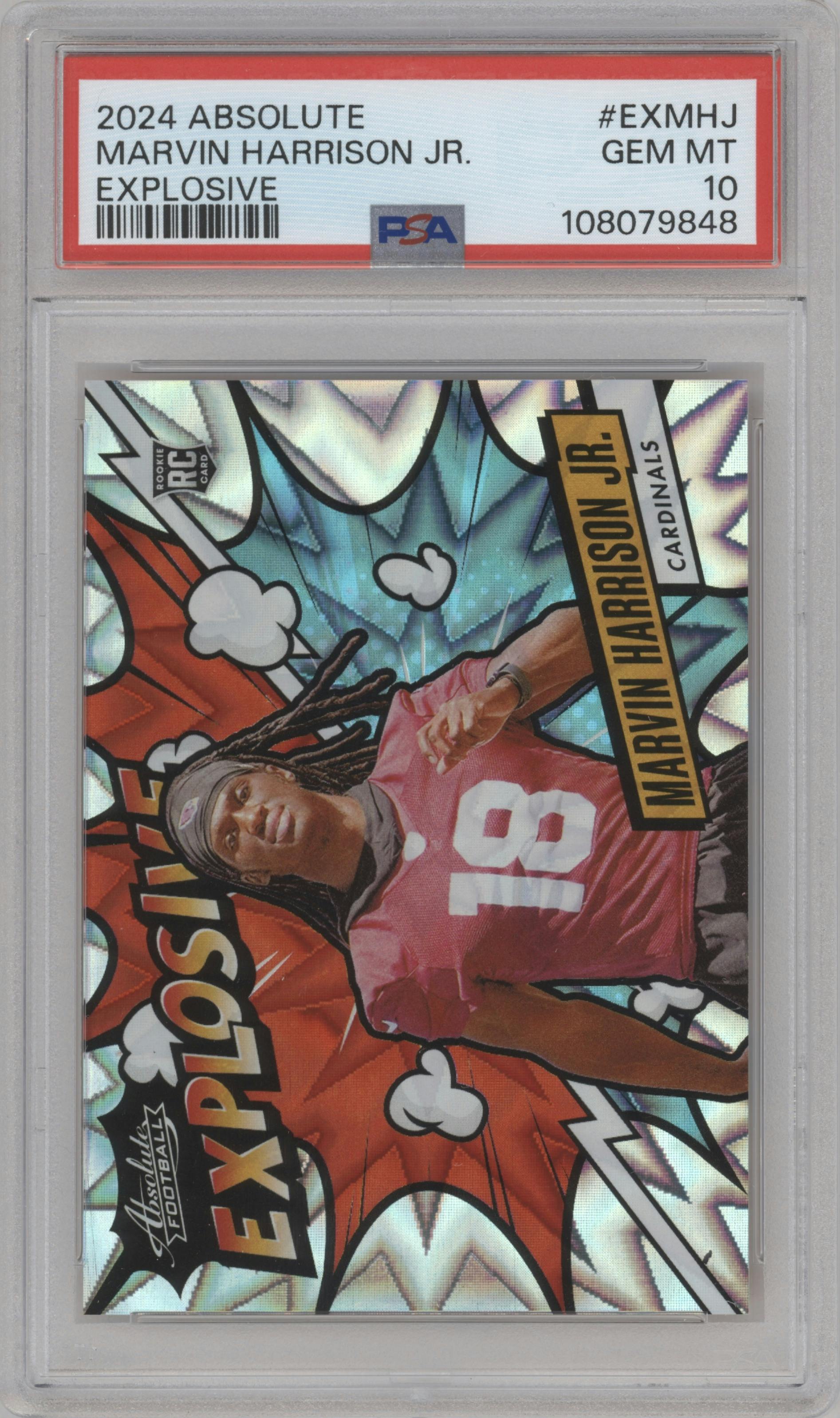 Marvin Harrison Jr. from the 2024 Panini Absolute set graded by PSA and given an overall grade of 10.