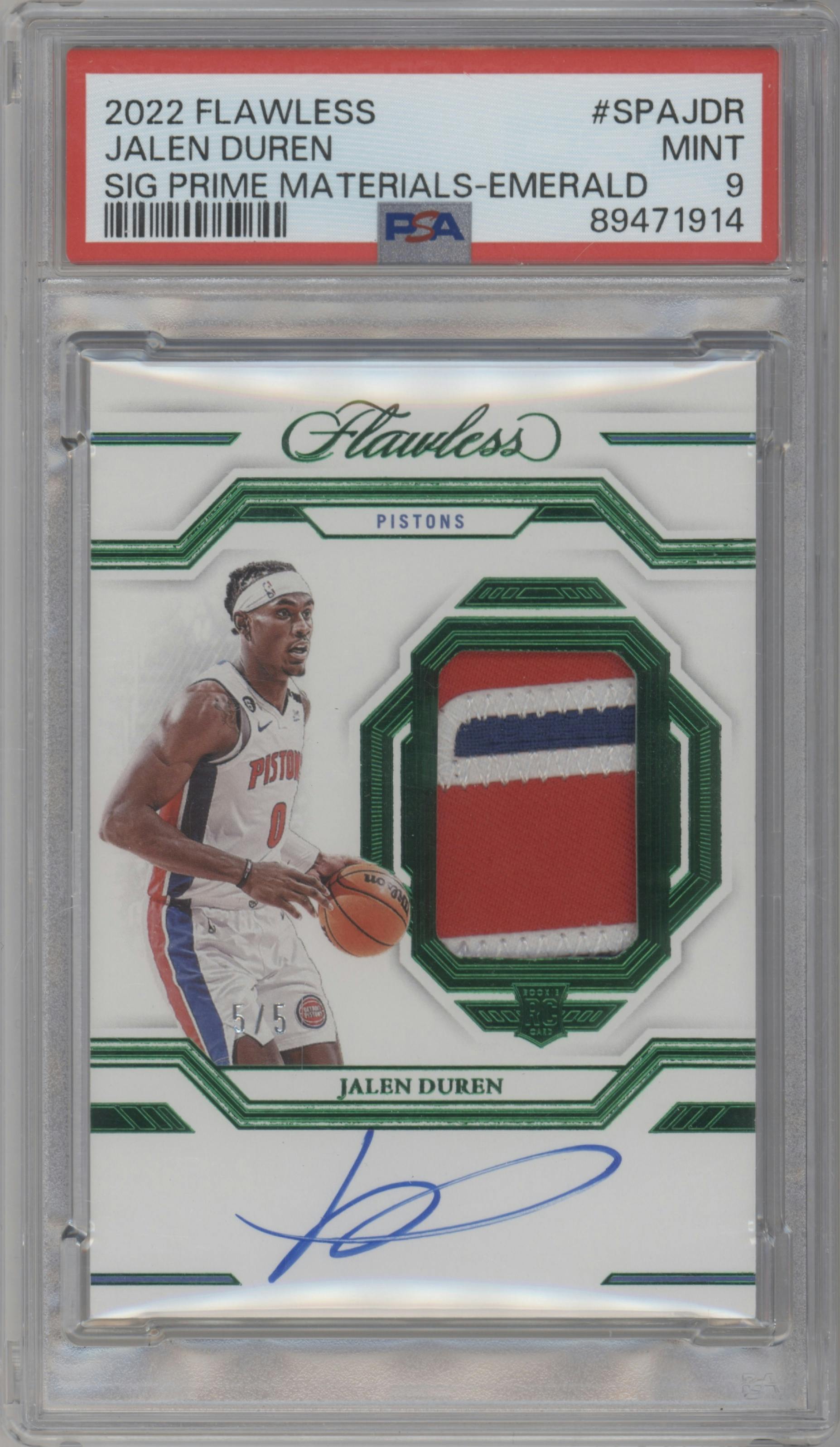 Jalen Duren from the 2022-23 Panini Flawless set featuring a Emerald parallel graded by PSA and given an overall grade of 9.