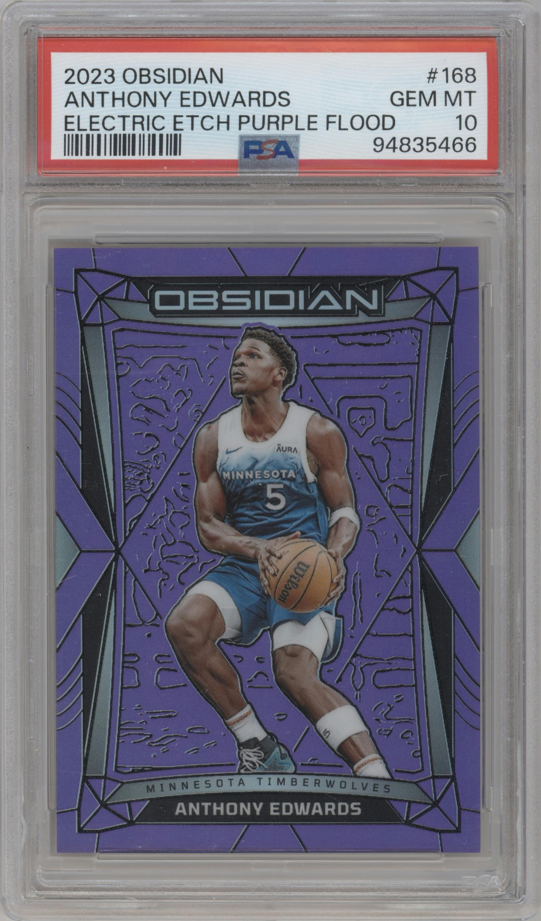 Anthony Edwards from the 2023-24 Panini Obsidian set featuring a Electric Etch Purple Flood parallel graded by PSA and given an overall grade of 10.