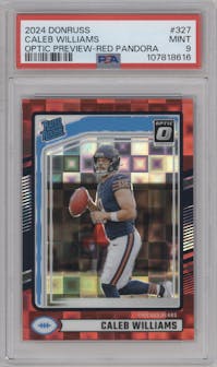 Caleb Williams from the 2024 Donruss set featuring a Red Pandora parallel graded by PSA and given an overall grade of 9.