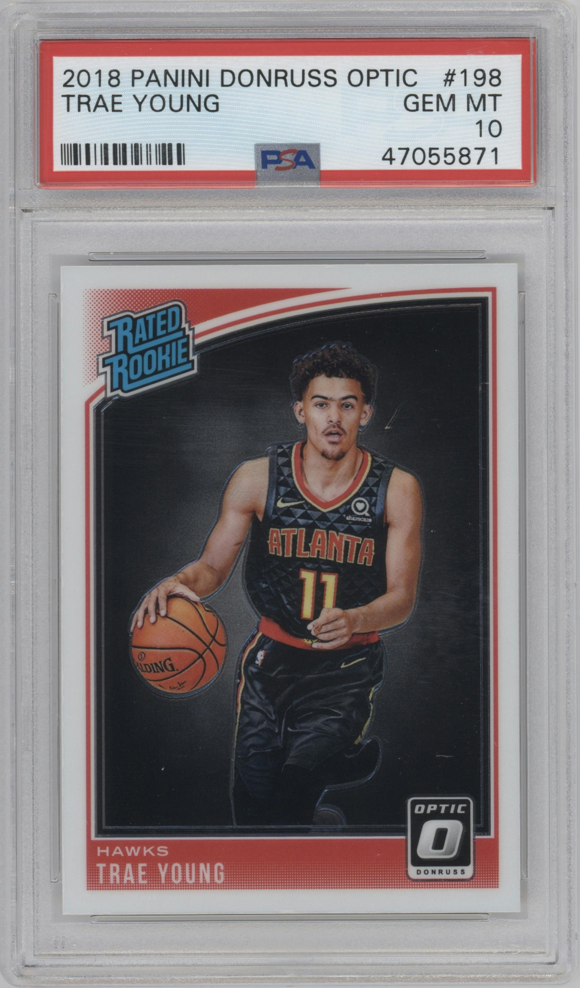 Trae Young from the 2018-19 Panini Donruss Optic set graded by PSA and given an overall grade of 10.
