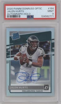 Jalen Hurts from the 2020 Panini Donruss Optic set featuring a Holo parallel graded by PSA and given an overall grade of 9.