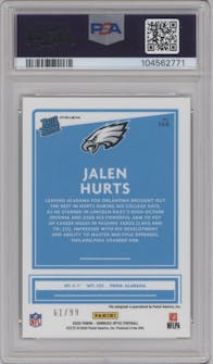 Jalen Hurts from the 2020 Panini Donruss Optic set featuring a Holo parallel graded by PSA and given an overall grade of 9.