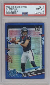 C.J. Stroud from the 2023 Donruss Optic set featuring a Hyper Blue  parallel graded by PSA and given an overall grade of 10.