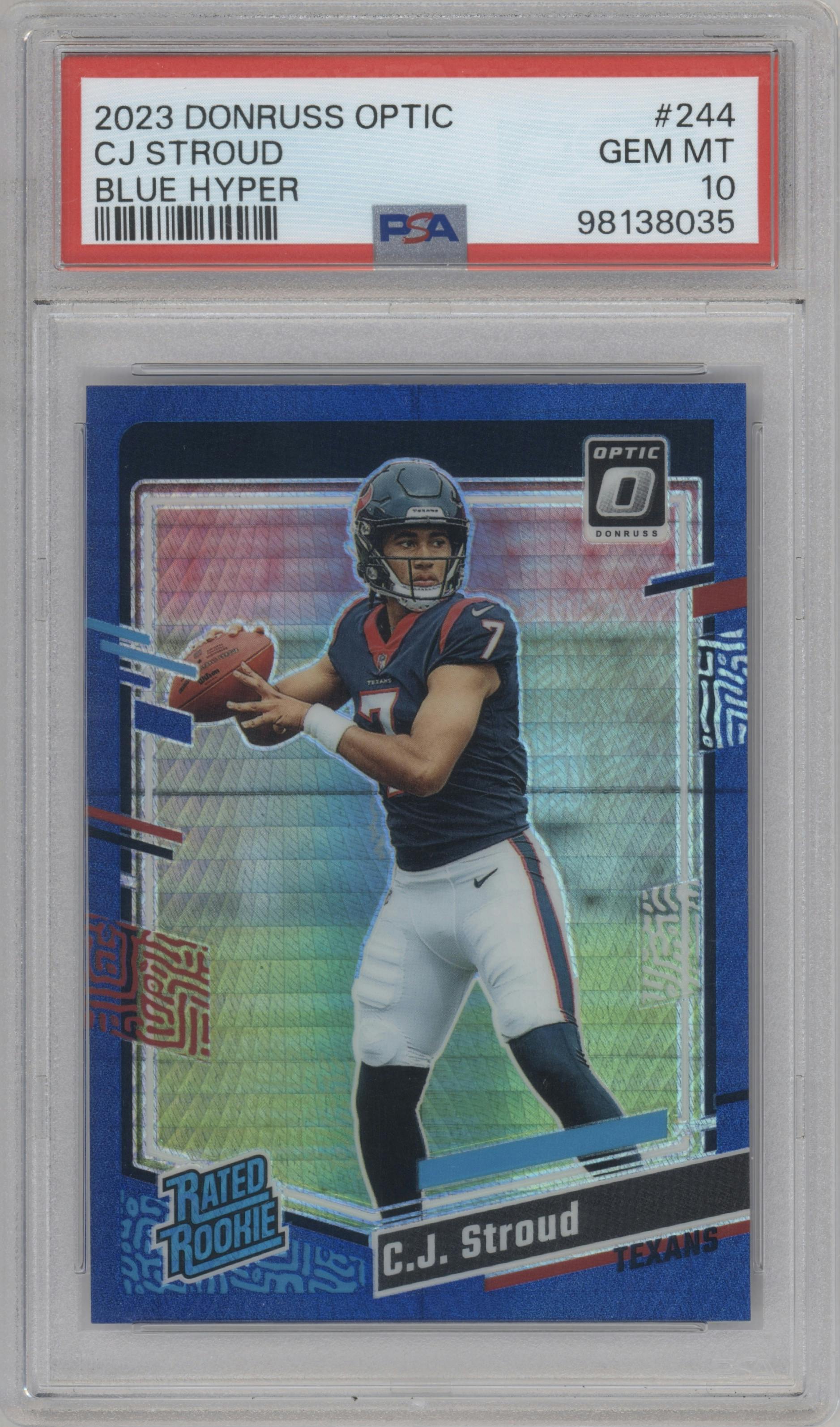 C.J. Stroud from the 2023 Donruss Optic set featuring a Hyper Blue  parallel graded by PSA and given an overall grade of 10.