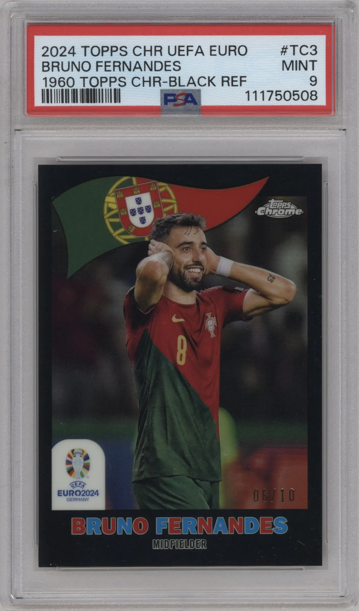 2024 Topps Chrome UEFA EURO 1960 Topps Chrome Bruno Fernandes Black Refractor PSA 9