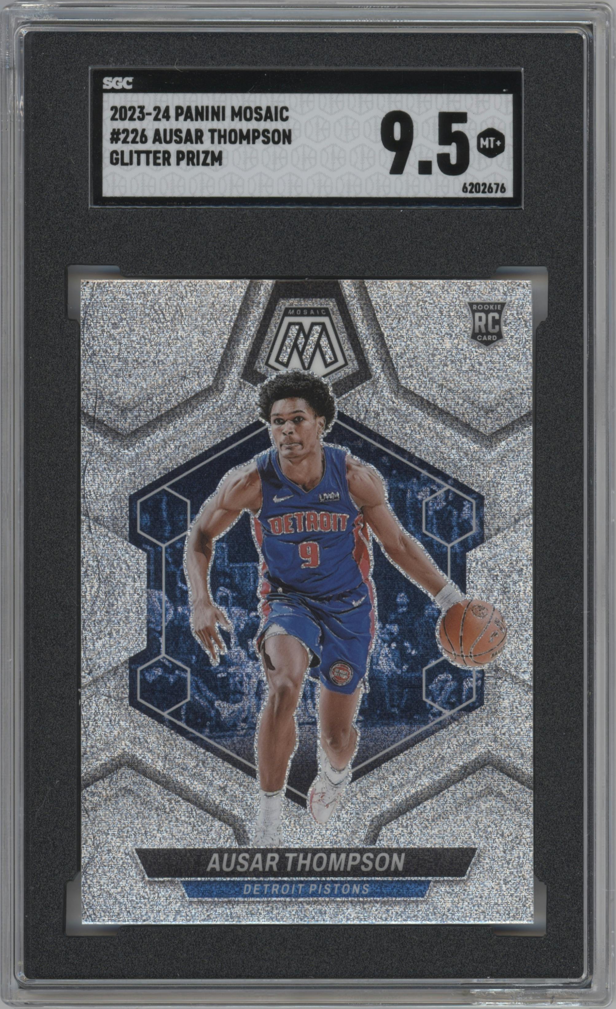 Ausar Thompson from the 2023-24 Panini Mosaic set featuring a Glitter parallel graded by SGC and given an overall grade of 9.5.