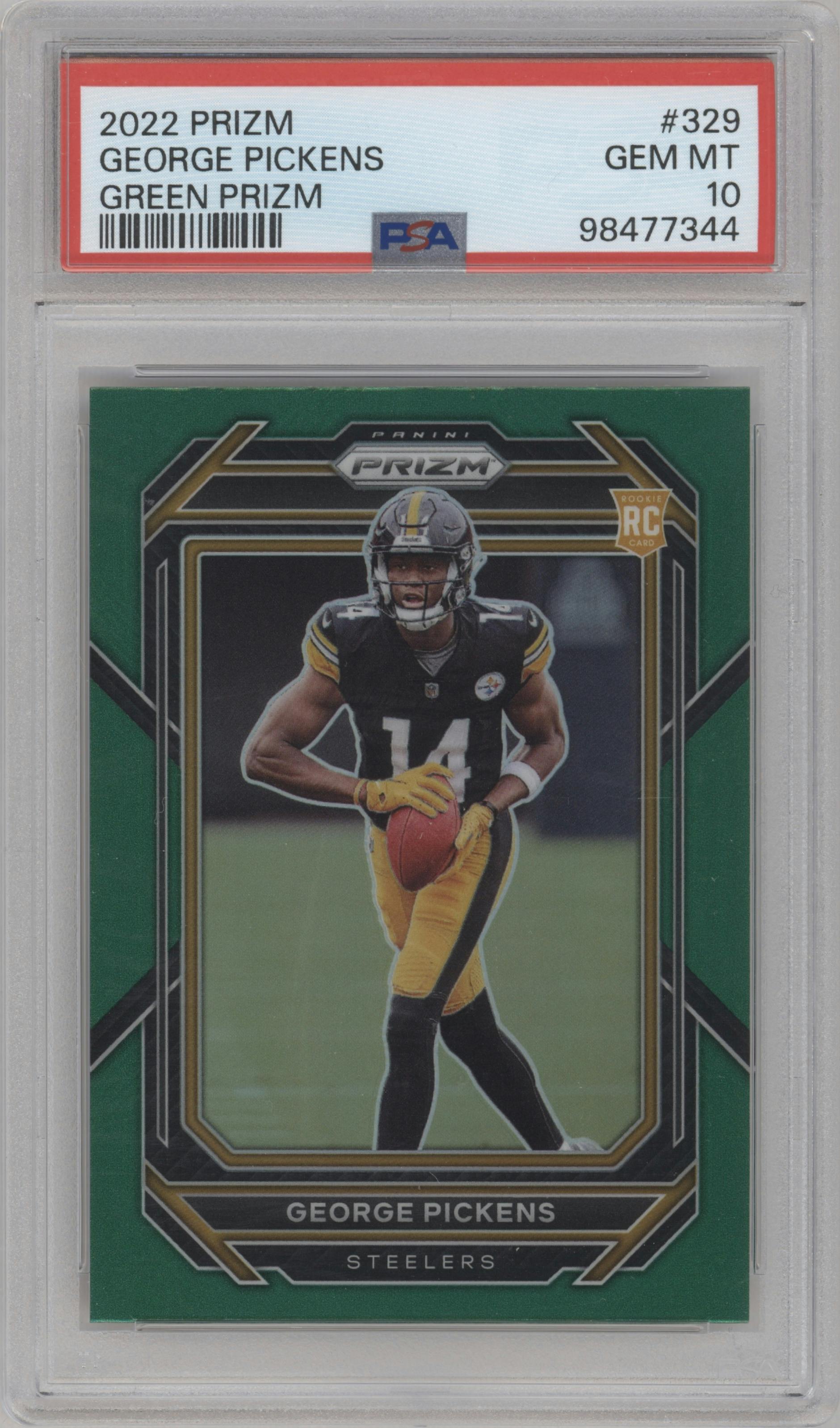 George Pickens from the 2022 Panini Prizm set featuring a Green Prizm parallel graded by PSA and given an overall grade of 10.