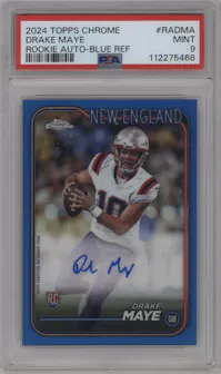 Drake Maye from the 2024 Topps Chrome set featuring a Blue Refractor parallel graded by PSA and given an overall grade of 9.