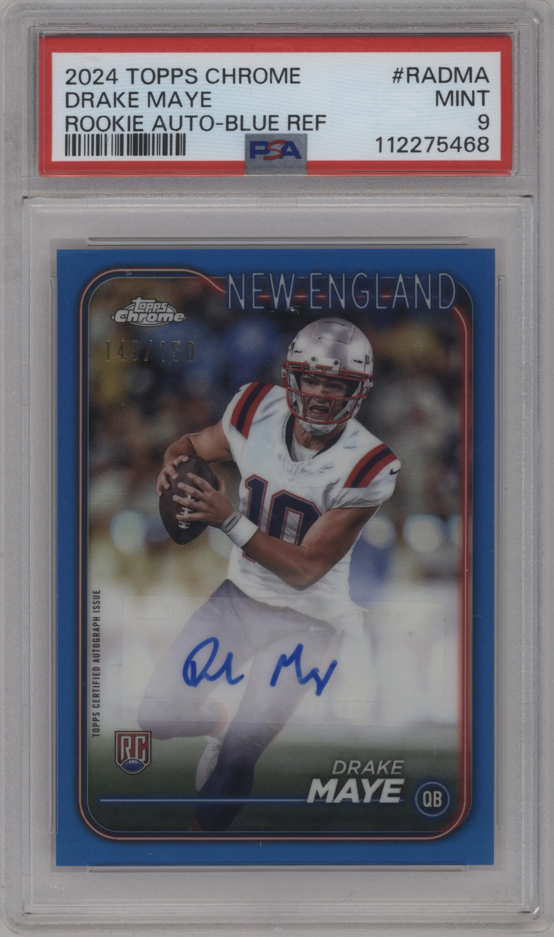 Drake Maye from the 2024 Topps Chrome set featuring a Blue Refractor parallel graded by PSA and given an overall grade of 9.