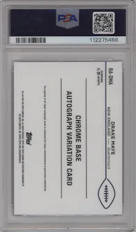 Drake Maye from the 2024 Topps Chrome set featuring a Blue Refractor parallel graded by PSA and given an overall grade of 9.