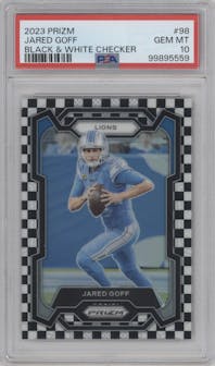 Jared Goff from the 2023 Panini Prizm set featuring a Black/White Checker parallel graded by PSA and given an overall grade of 10.