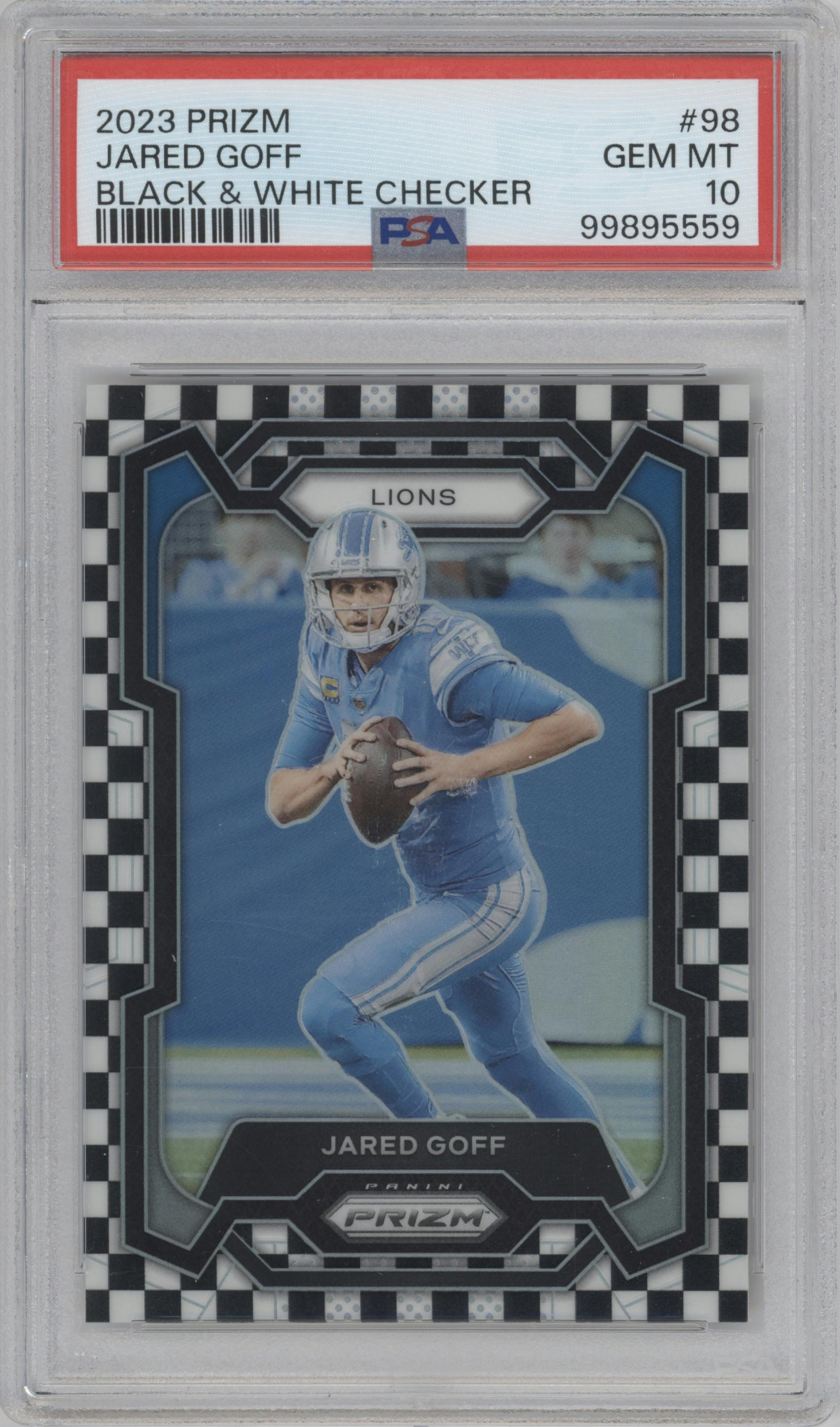 Jared Goff from the 2023 Panini Prizm set featuring a Black/White Checker parallel graded by PSA and given an overall grade of 10.