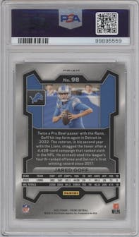 Jared Goff from the 2023 Panini Prizm set featuring a Black/White Checker parallel graded by PSA and given an overall grade of 10.