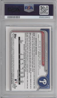 Aidan Miller from the 2024 Bowman set featuring a Green Shimmer Refractor parallel graded by PSA and given an overall grade of 9.