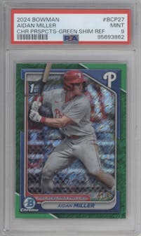 Aidan Miller from the 2024 Bowman set featuring a Green Shimmer Refractor parallel graded by PSA and given an overall grade of 9.