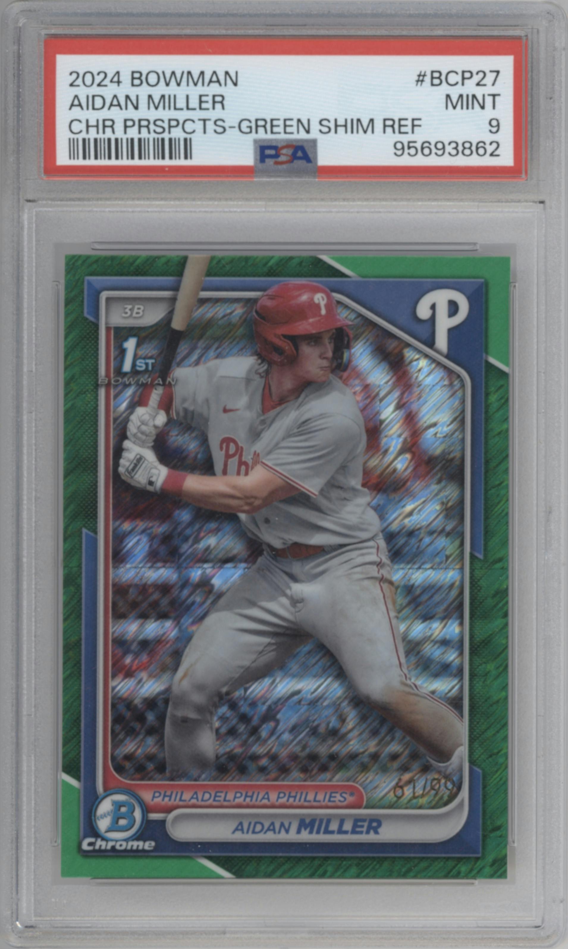 Aidan Miller from the 2024 Bowman set featuring a Green Shimmer Refractor parallel graded by PSA and given an overall grade of 9.
