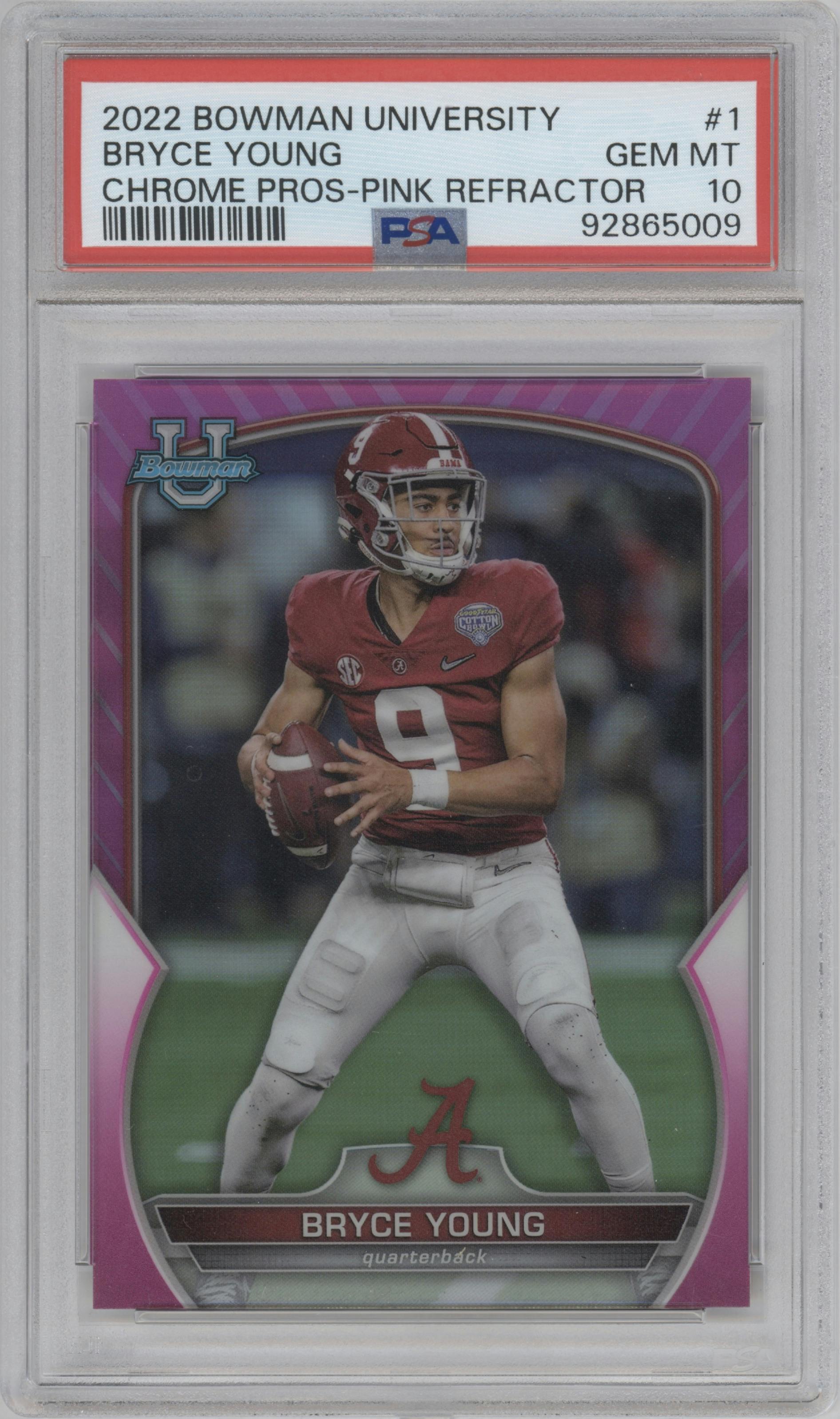 Bryce Young from the 2022 Bowman University Chrome set featuring a Pink Refractor parallel graded by PSA and given an overall grade of 10.
