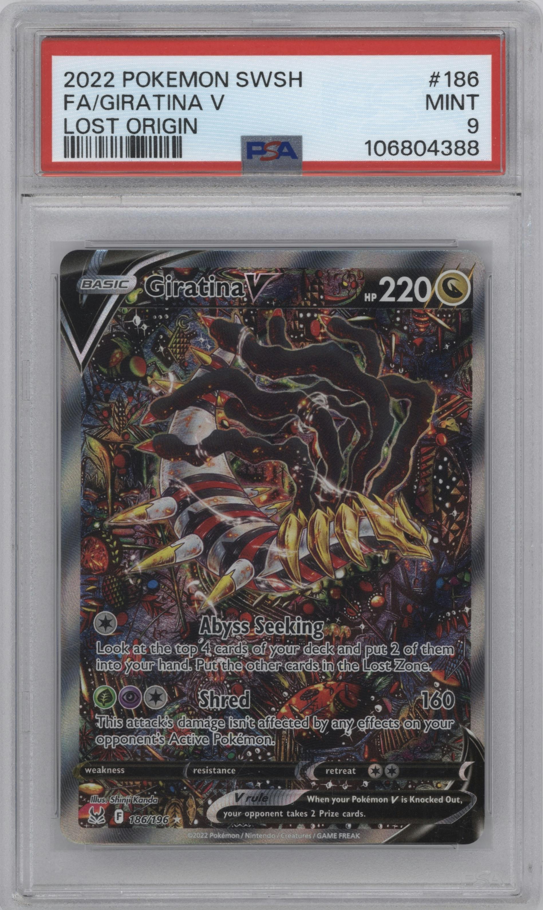Giratina V from the 2022 Pokemon SWSH set graded by PSA and given an overall grade of 9.