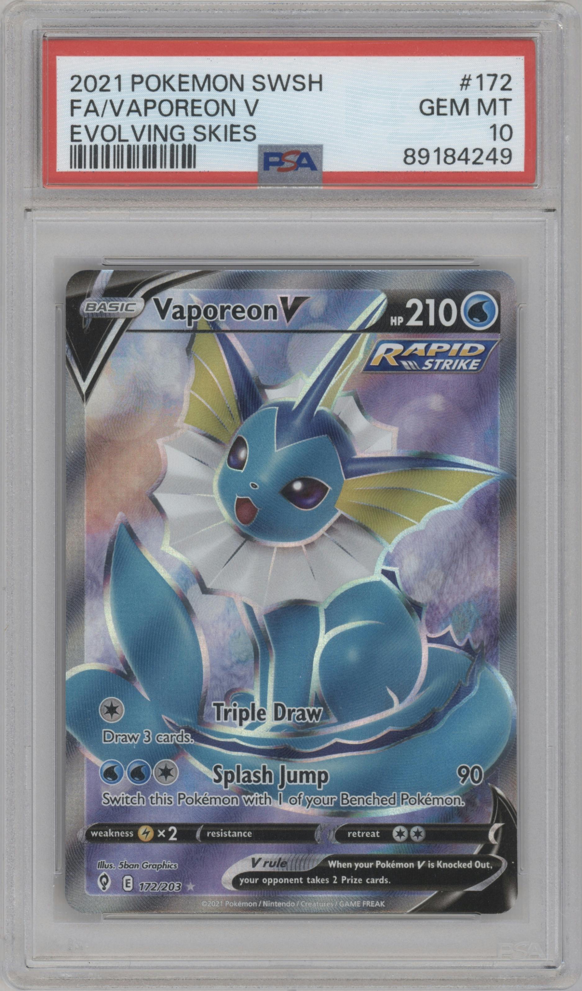 Vaporeon V from the 2021 Pokemon SWSH set graded by PSA and given an overall grade of 10.