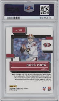 Brock Purdy from the 2022 Panini Donruss Optic set graded by PSA and given an overall grade of 10.