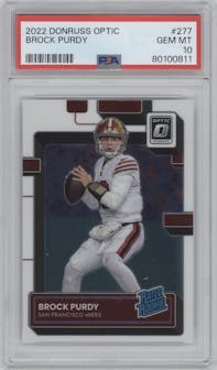 Brock Purdy from the 2022 Panini Donruss Optic set graded by PSA and given an overall grade of 10.