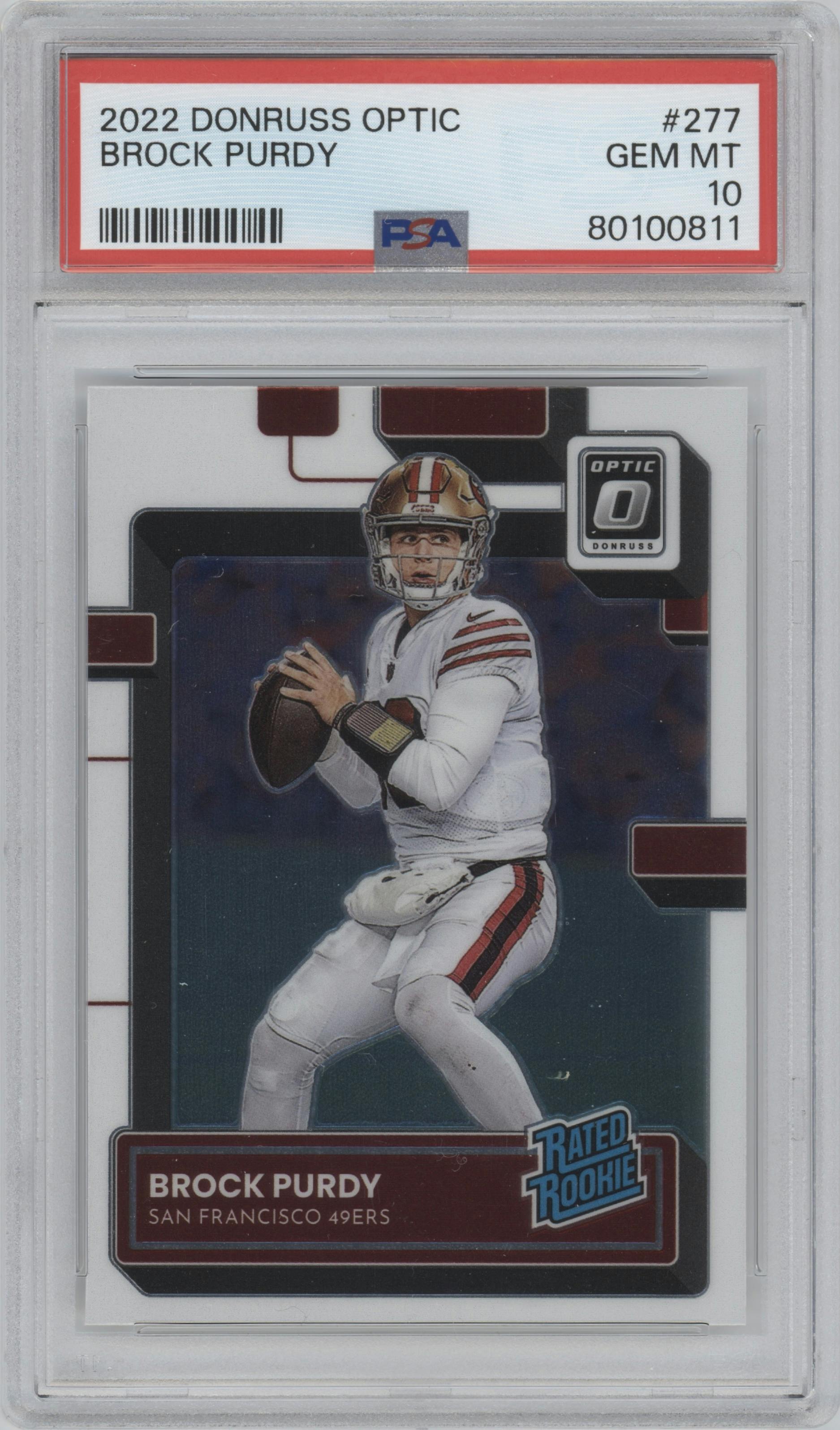 Brock Purdy from the 2022 Panini Donruss Optic set graded by PSA and given an overall grade of 10.