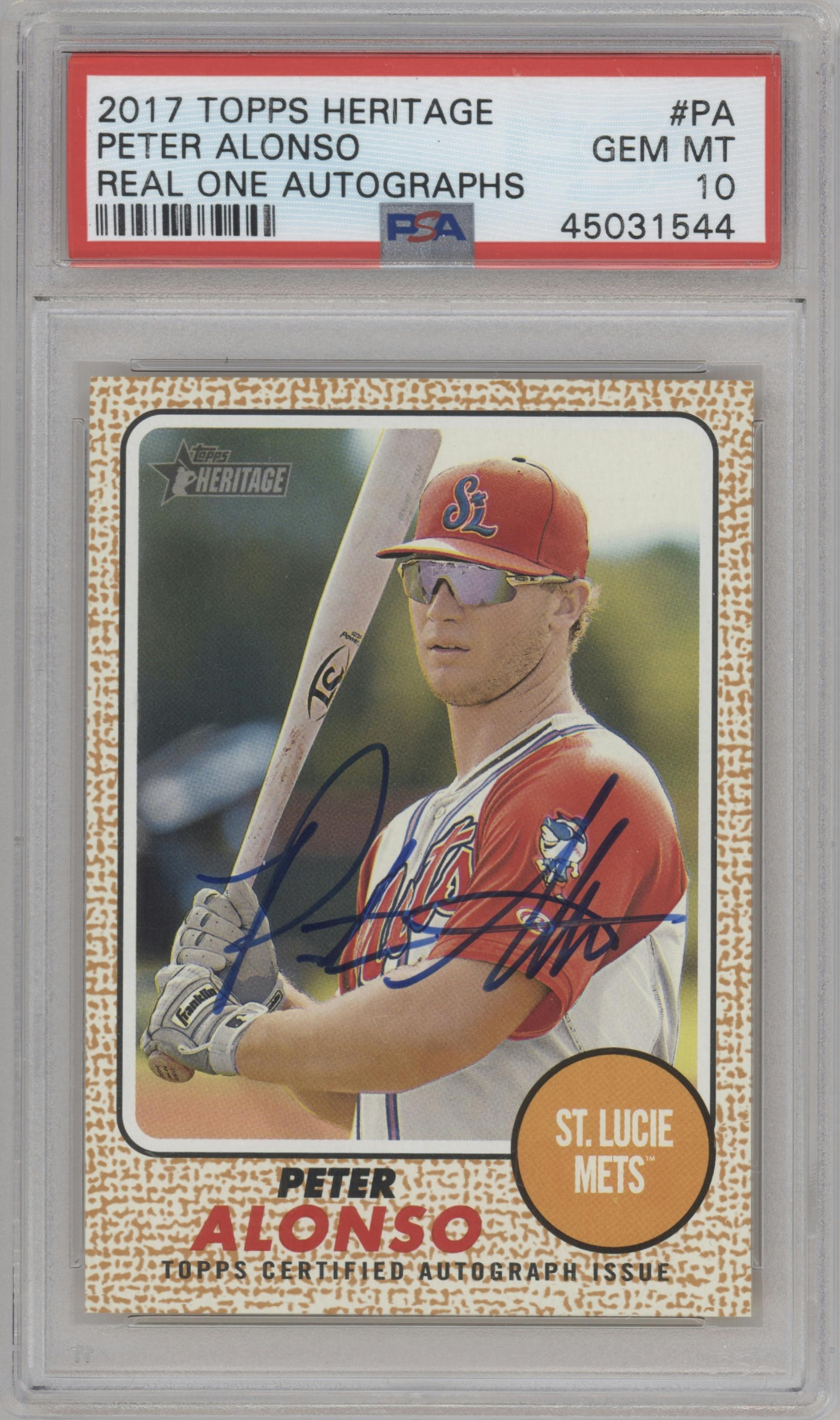 Peter Alonso from the 2017 Topps Heritage Minor League set graded by PSA and given an overall grade of 10.