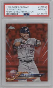 Jose Altuve  from the 2018 Topps Chrome Update  set featuring a Red Refractor parallel graded by PSA and given an overall grade of 10.