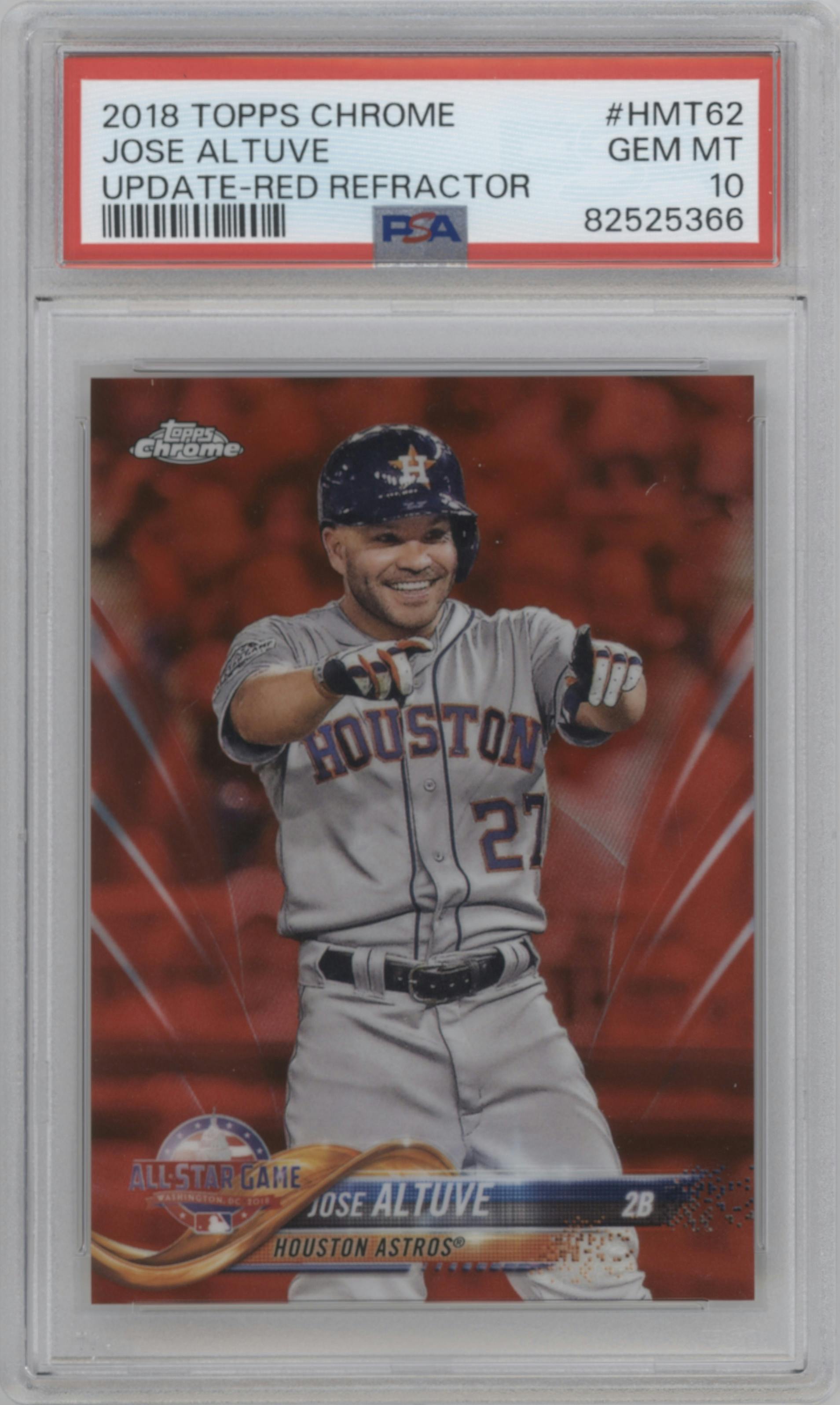 Jose Altuve  from the 2018 Topps Chrome Update  set featuring a Red Refractor parallel graded by PSA and given an overall grade of 10.