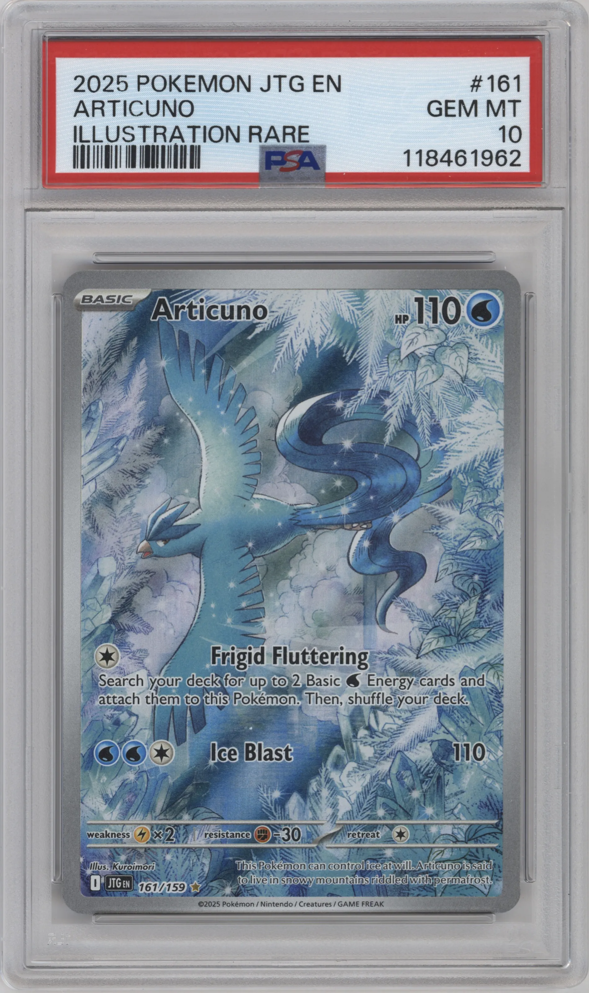 Articuno from the 2025 Pokemon SV set graded by PSA and given an overall grade of 10.
