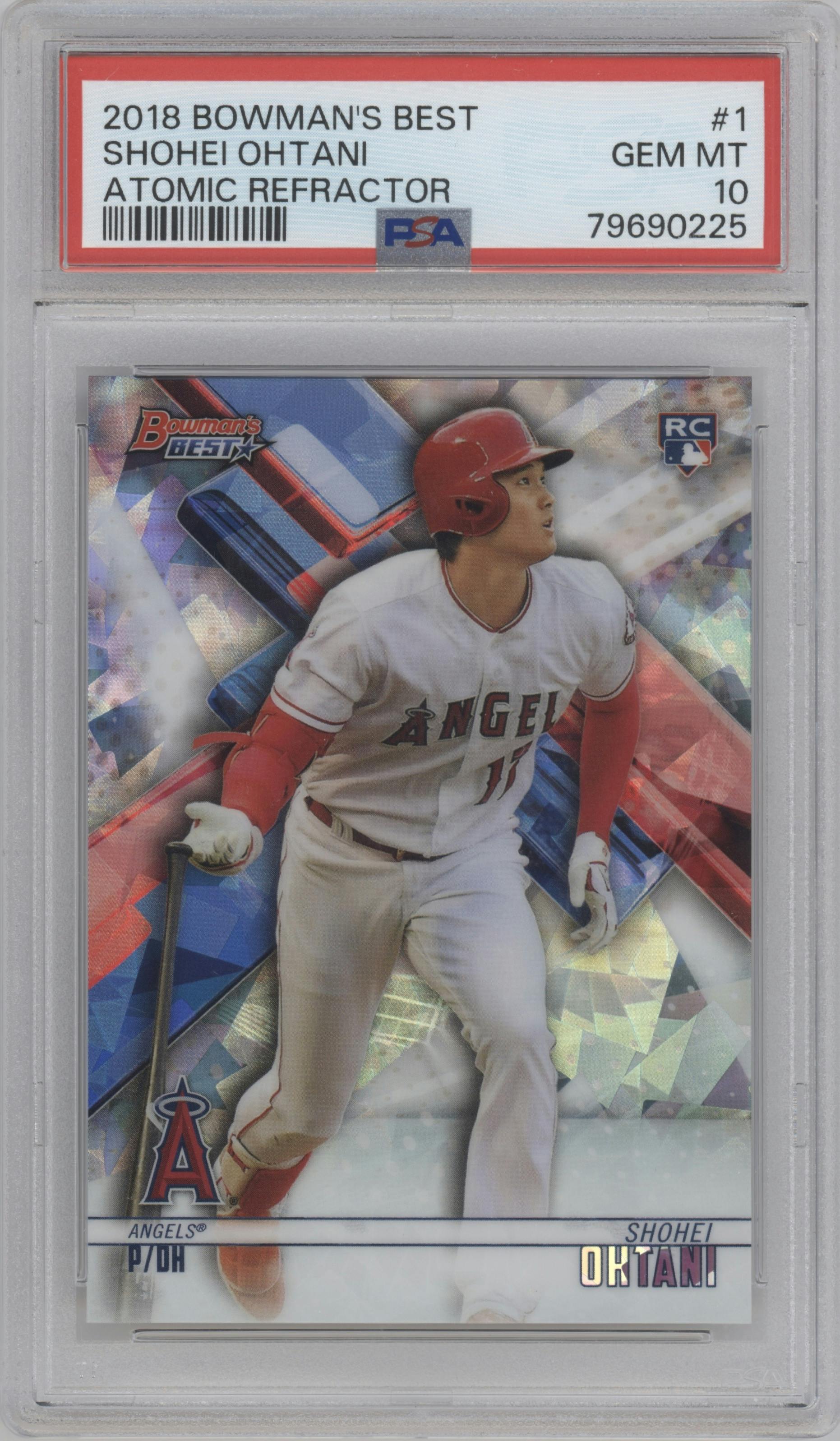 Shohei Ohtani from the 2018 Bowman’s Best set featuring a Atomic Refractor parallel graded by PSA and given an overall grade of 10.