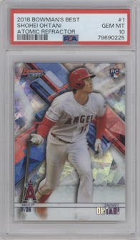 Shohei Ohtani from the 2018 Bowman’s Best set featuring a Atomic Refractor parallel graded by PSA and given an overall grade of 10.
