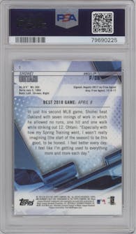 Shohei Ohtani from the 2018 Bowman’s Best set featuring a Atomic Refractor parallel graded by PSA and given an overall grade of 10.