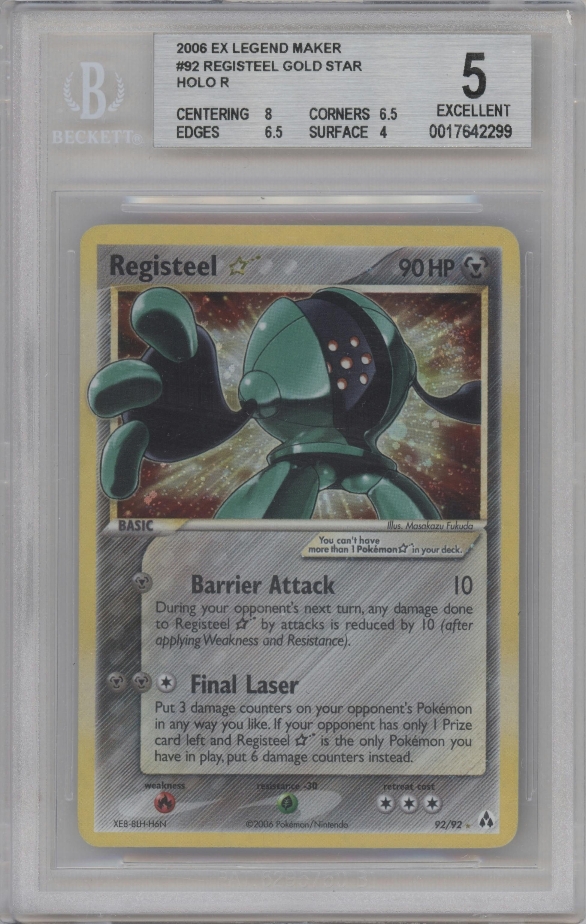 Registeel Gold Star from the 2006 Pokemon EX set graded by Beckett and given an overall grade of 5.