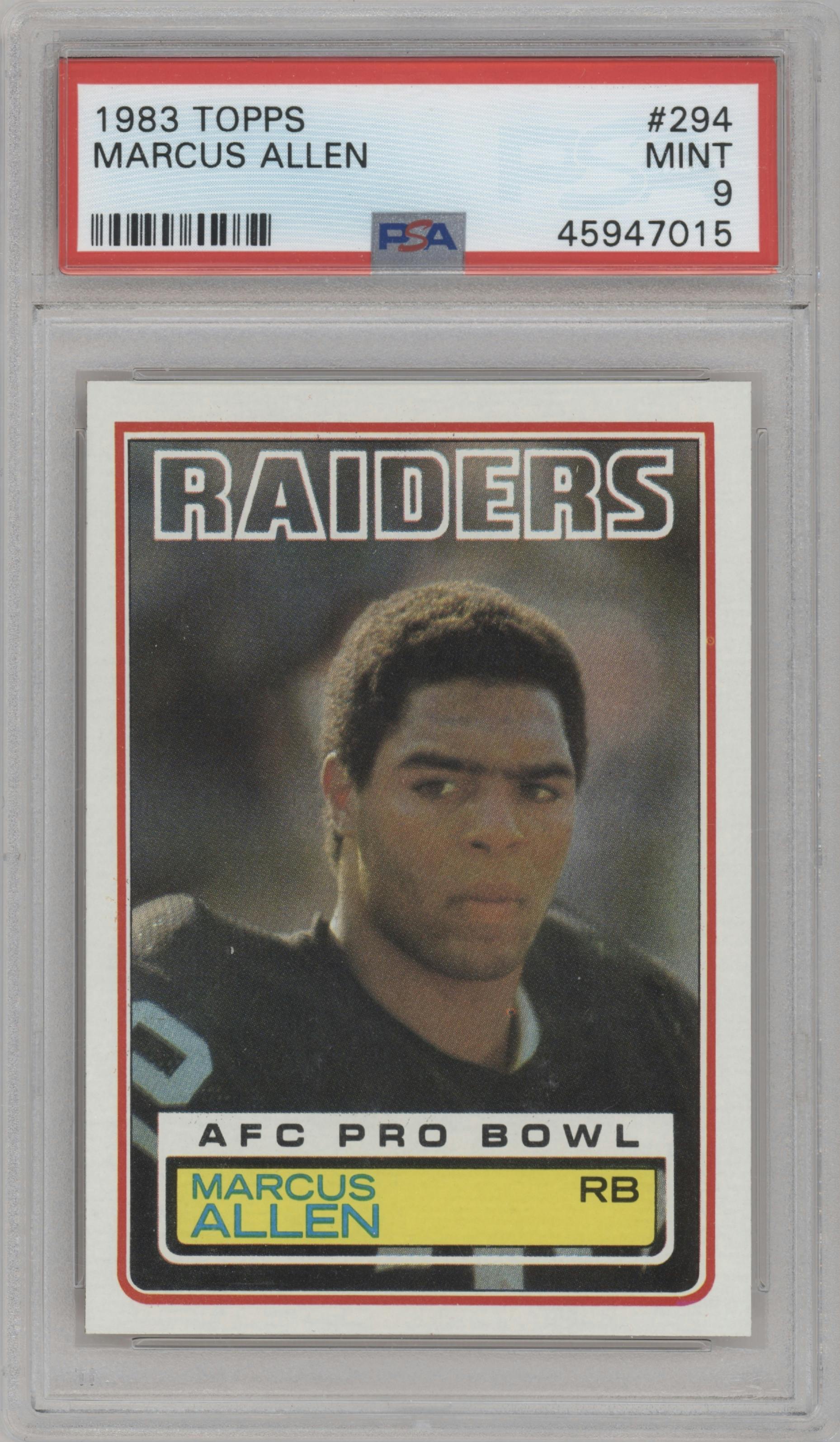 Marcus Allen from the 1983 Topps set graded by PSA and given an overall grade of 9.