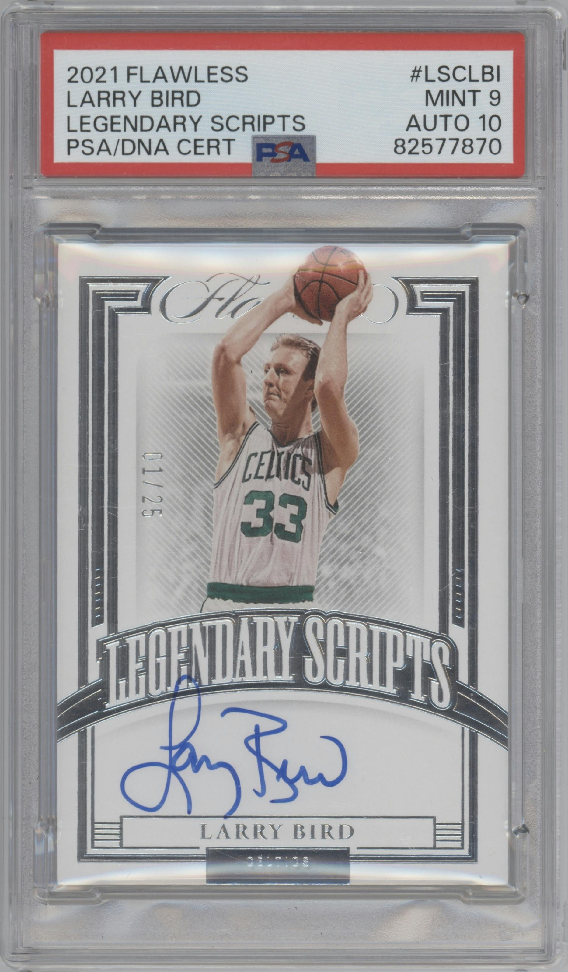 Larry Bird from the 2021-22 Panini Flawless set graded by PSA and given an overall grade of 9.