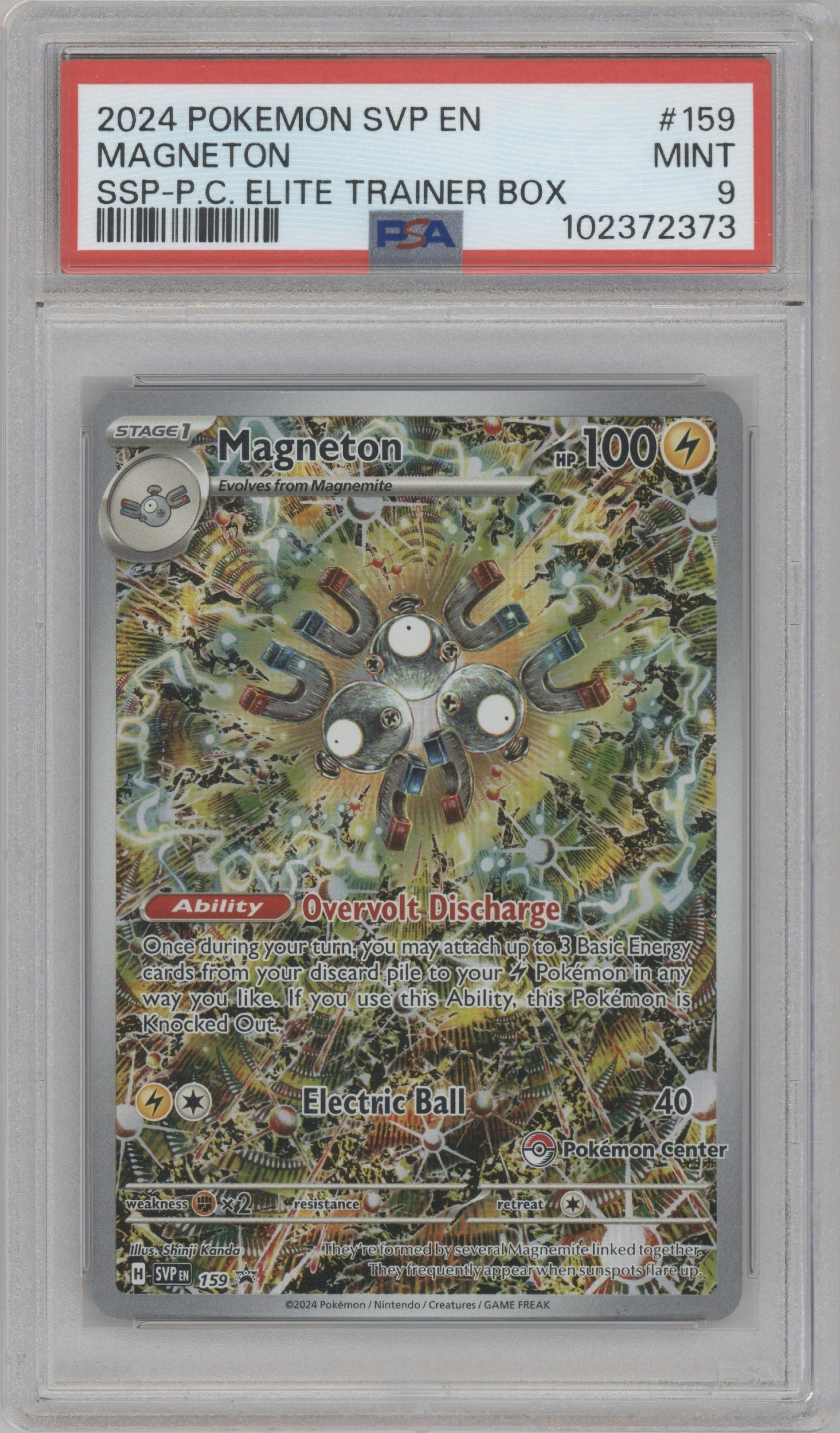 Magneton from the 2024 Pokemon SV set featuring a Surging Sparks Elite Trainer boxes parallel graded by PSA and given an overall grade of 9.