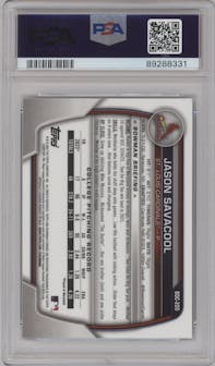 Jason Savacool from the 2023 Bowman Draft set featuring a Green Grass Refractor parallel graded by PSA and given an overall grade of 9.