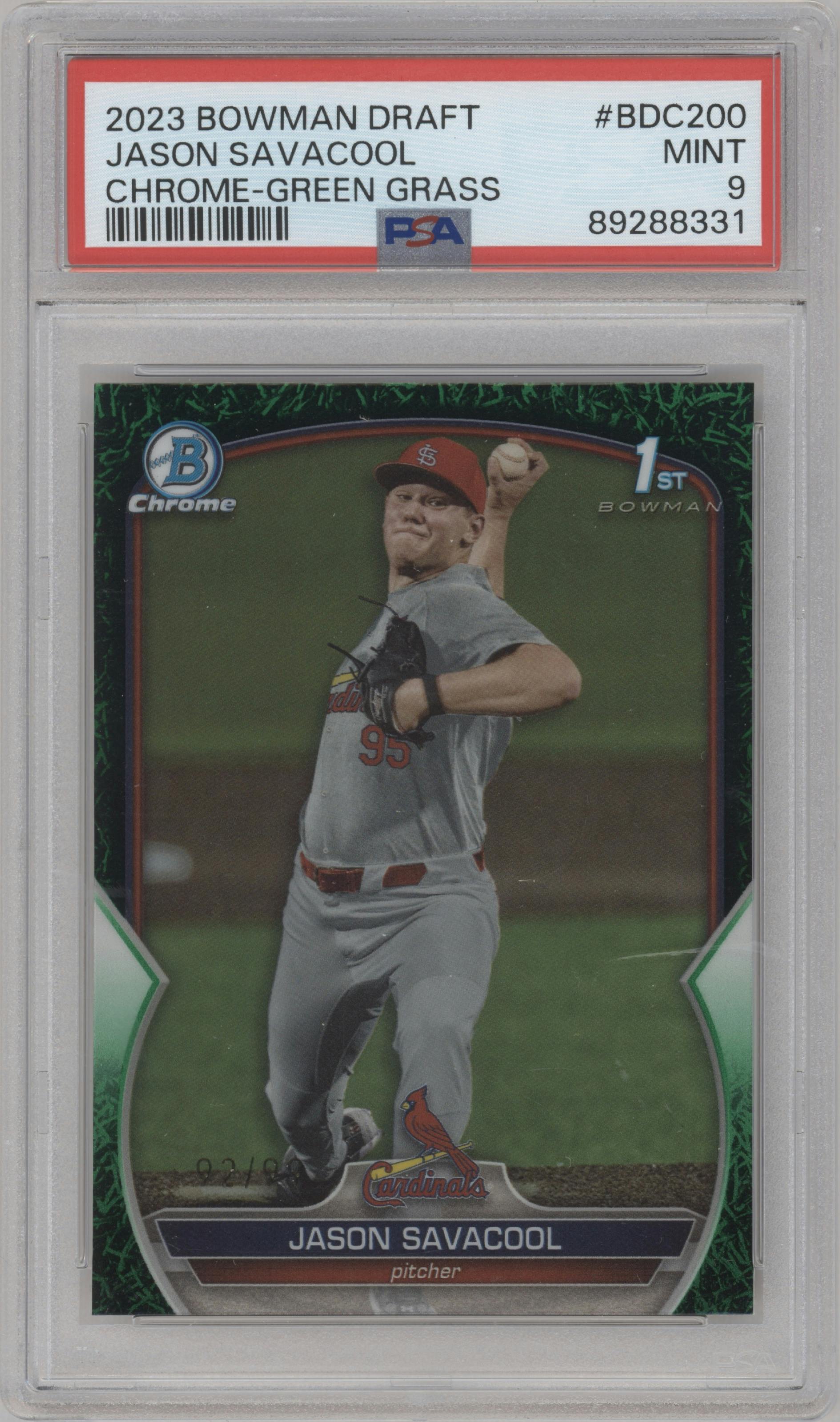 Jason Savacool from the 2023 Bowman Draft set featuring a Green Grass Refractor parallel graded by PSA and given an overall grade of 9.