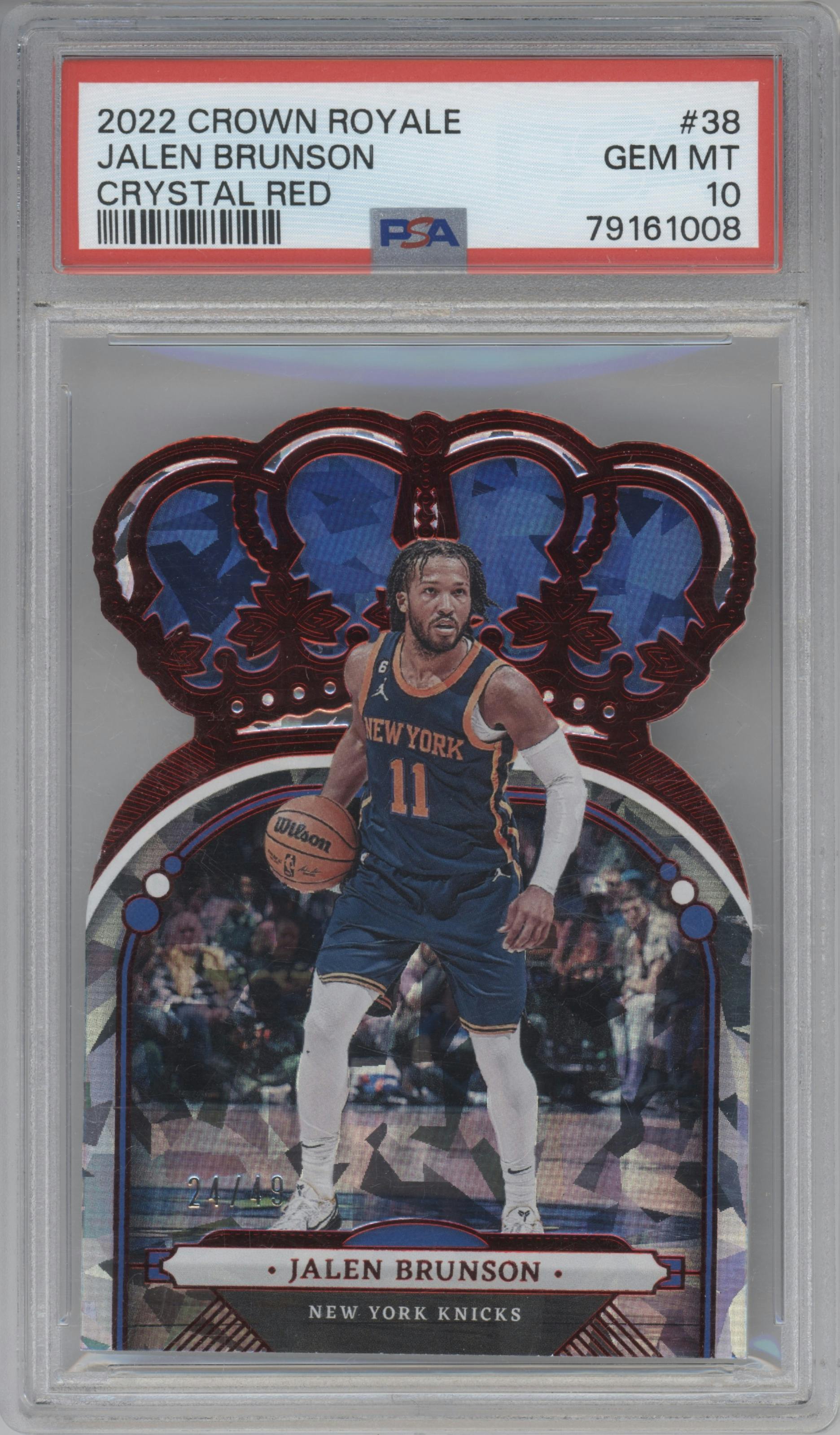 Jalen Brunson from the 2022-23 Panini Crown Royale set featuring a Crystal Red parallel graded by PSA and given an overall grade of 10.