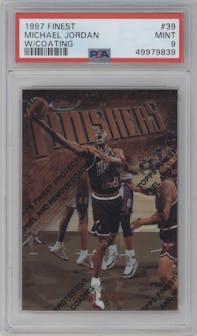 Michael Jordan from the 1997-98 Topps Finest set featuring a W/ Coating parallel graded by PSA and given an overall grade of 9.