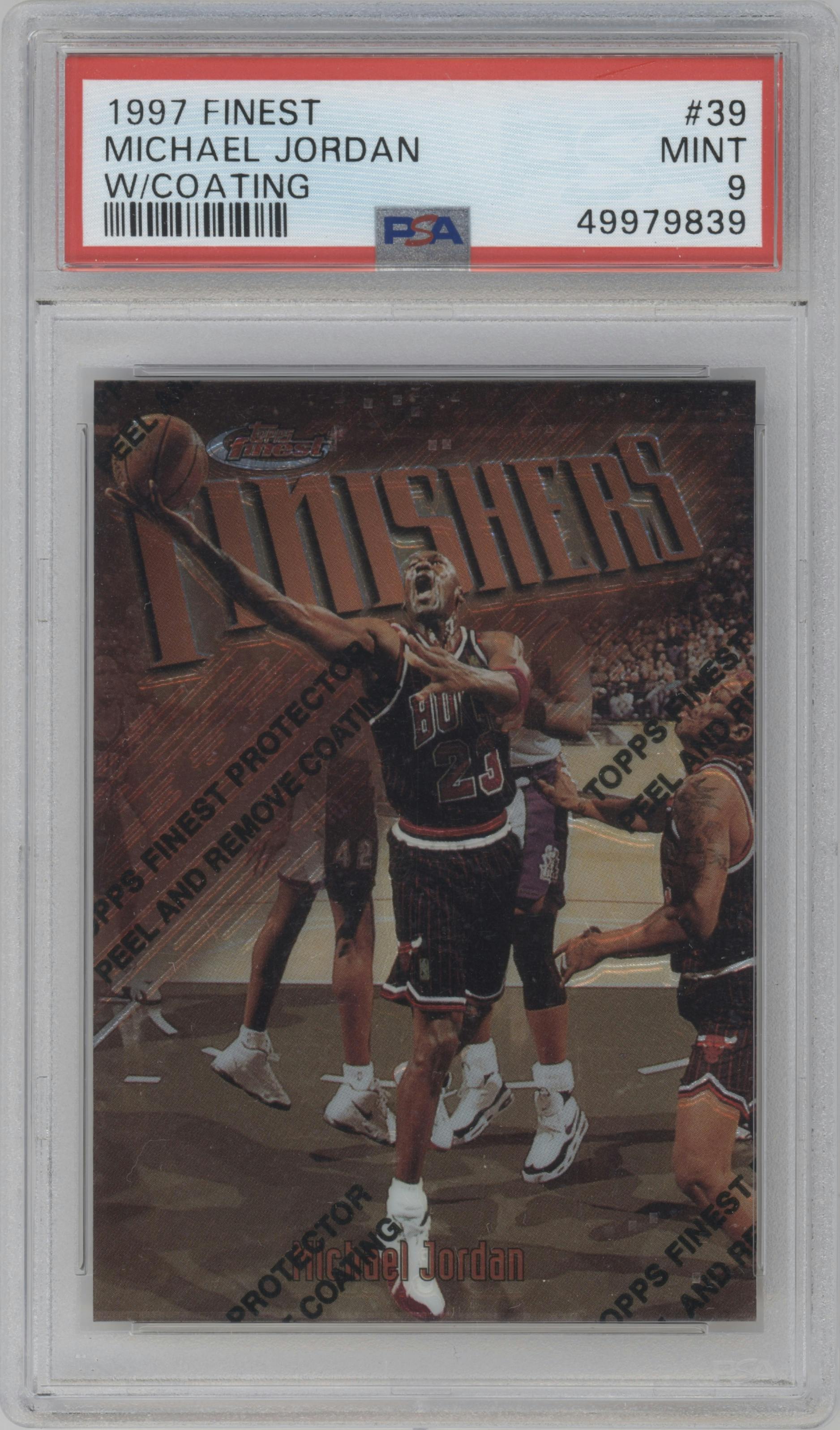Michael Jordan from the 1997-98 Topps Finest set featuring a W/ Coating parallel graded by PSA and given an overall grade of 9.