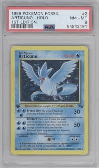 Articuno from the 1999 Pokemon set graded by PSA and given an overall grade of 8.