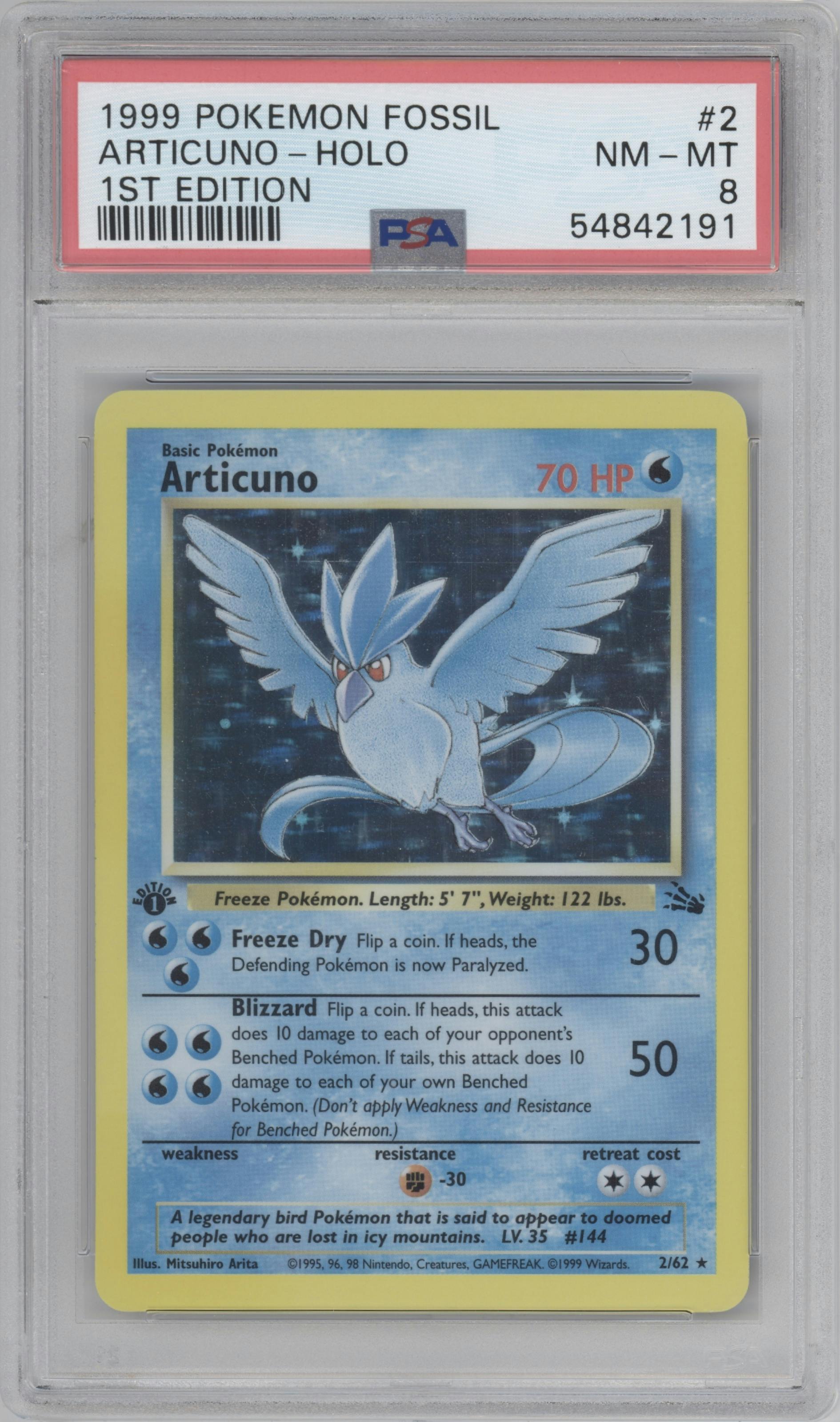 Articuno from the 1999 Pokemon set graded by PSA and given an overall grade of 8.