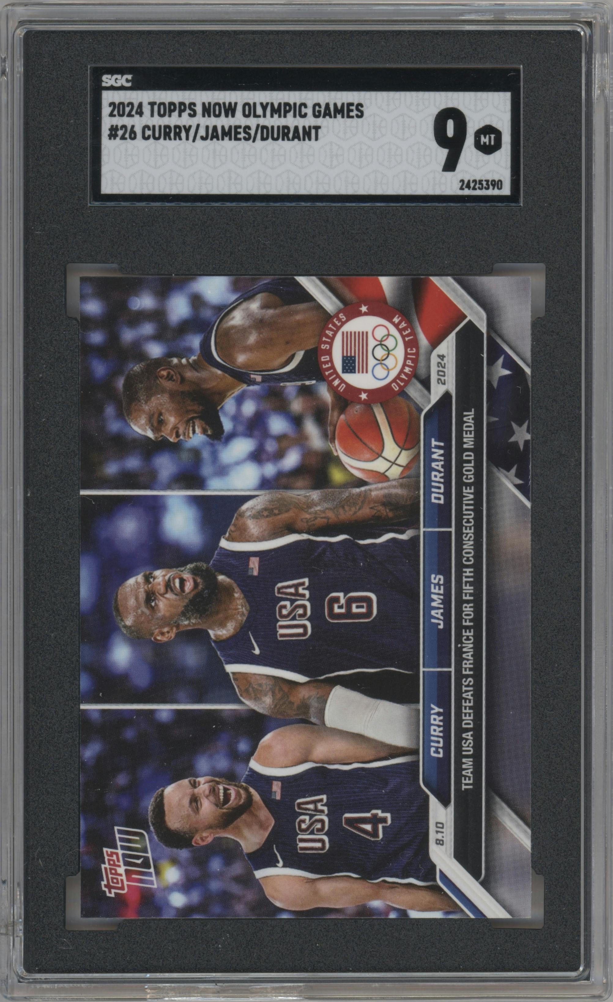Stephen Curry/LeBron James/Kevin Durant from the 2024 Topps Now Olympics set graded by SGC and given an overall grade of 9.
