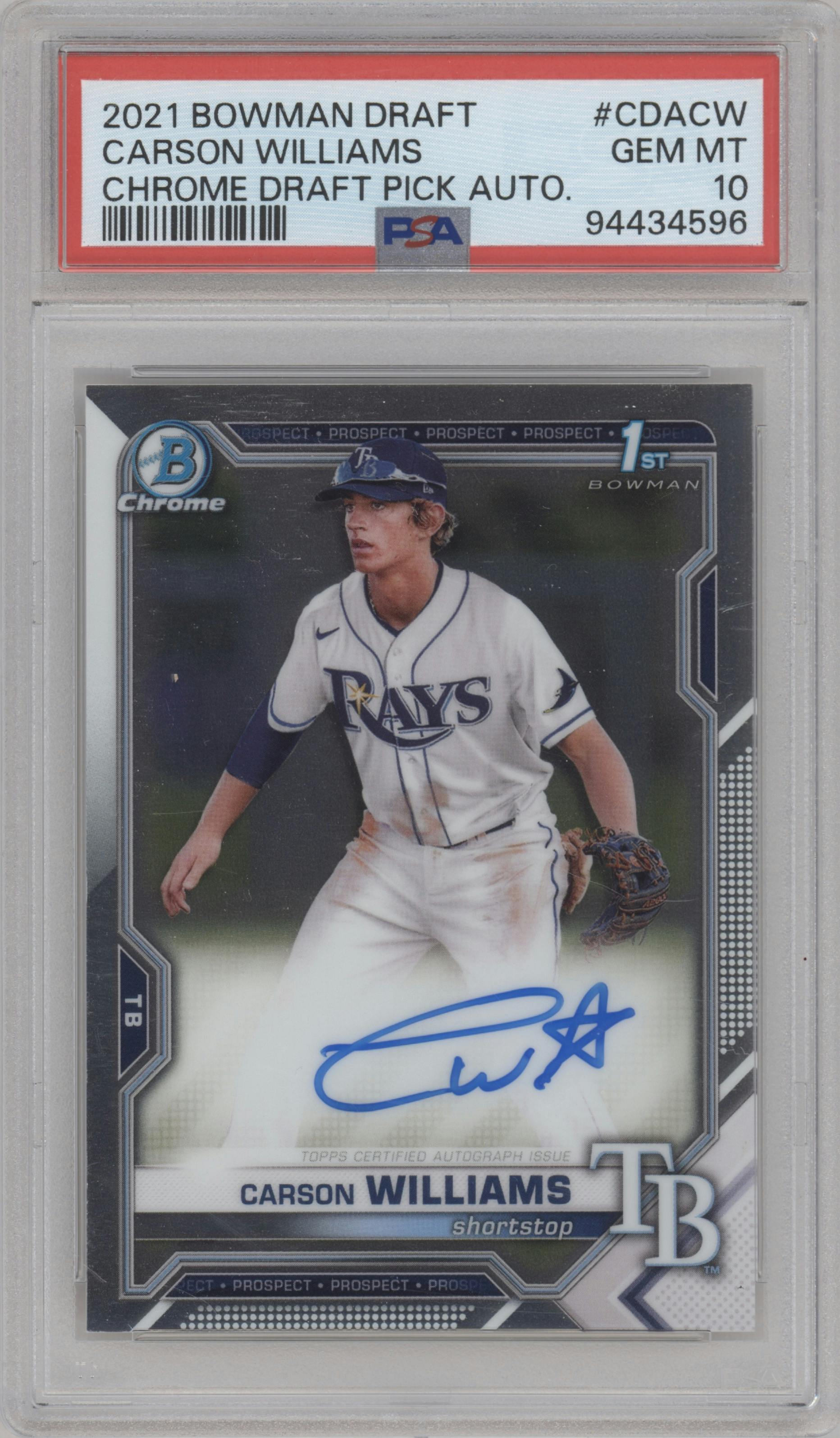 Carson Williams from the 2021 Bowman Draft set graded by PSA and given an overall grade of 10.