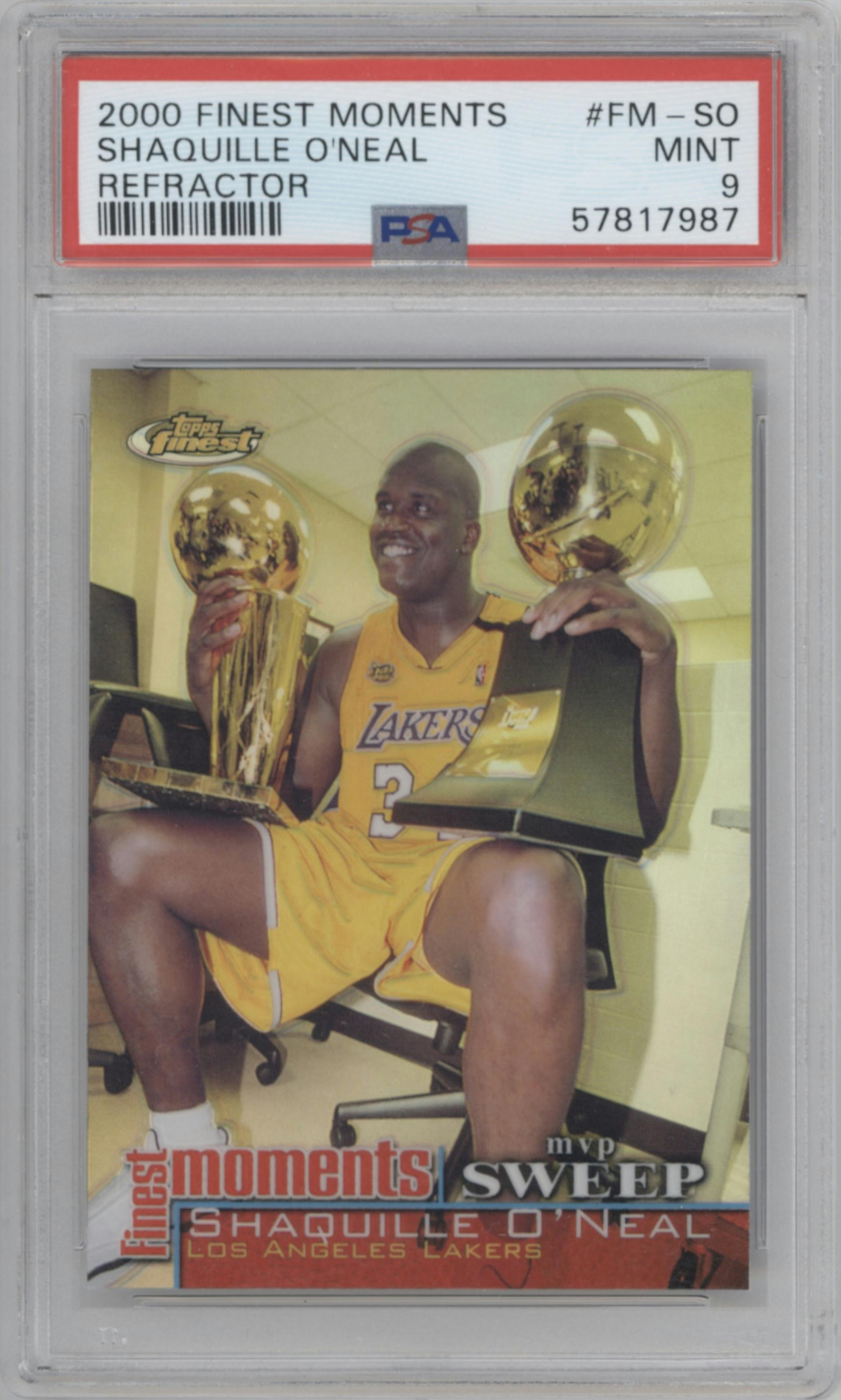 Shaquille O'Neal from the 2000-01 Topps Finest set featuring a Refractor parallel graded by PSA and given an overall grade of 9.