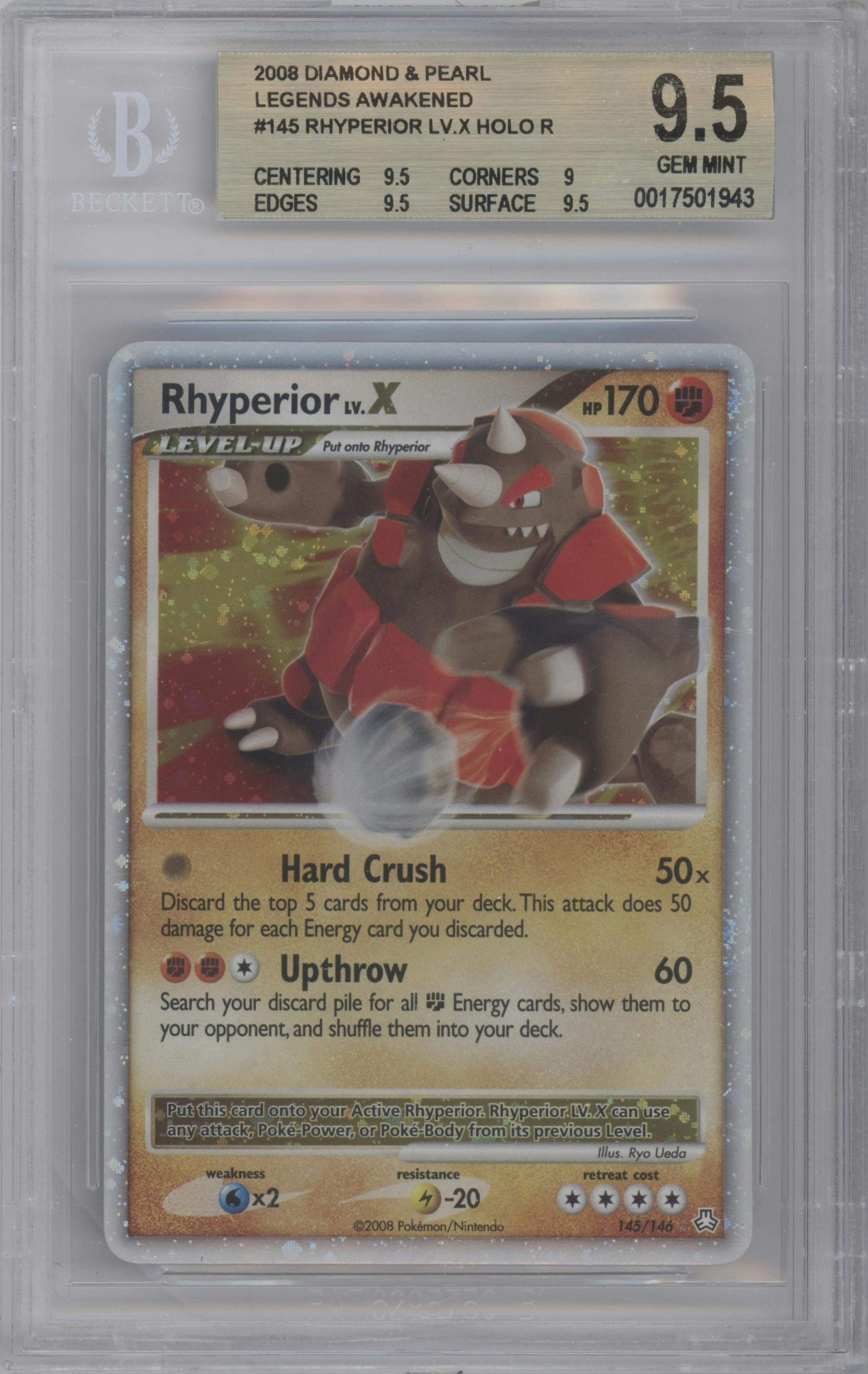 Rhyperior LV. X from the 2008 Pokemon D&P set graded by Beckett and given an overall grade of 9.5.