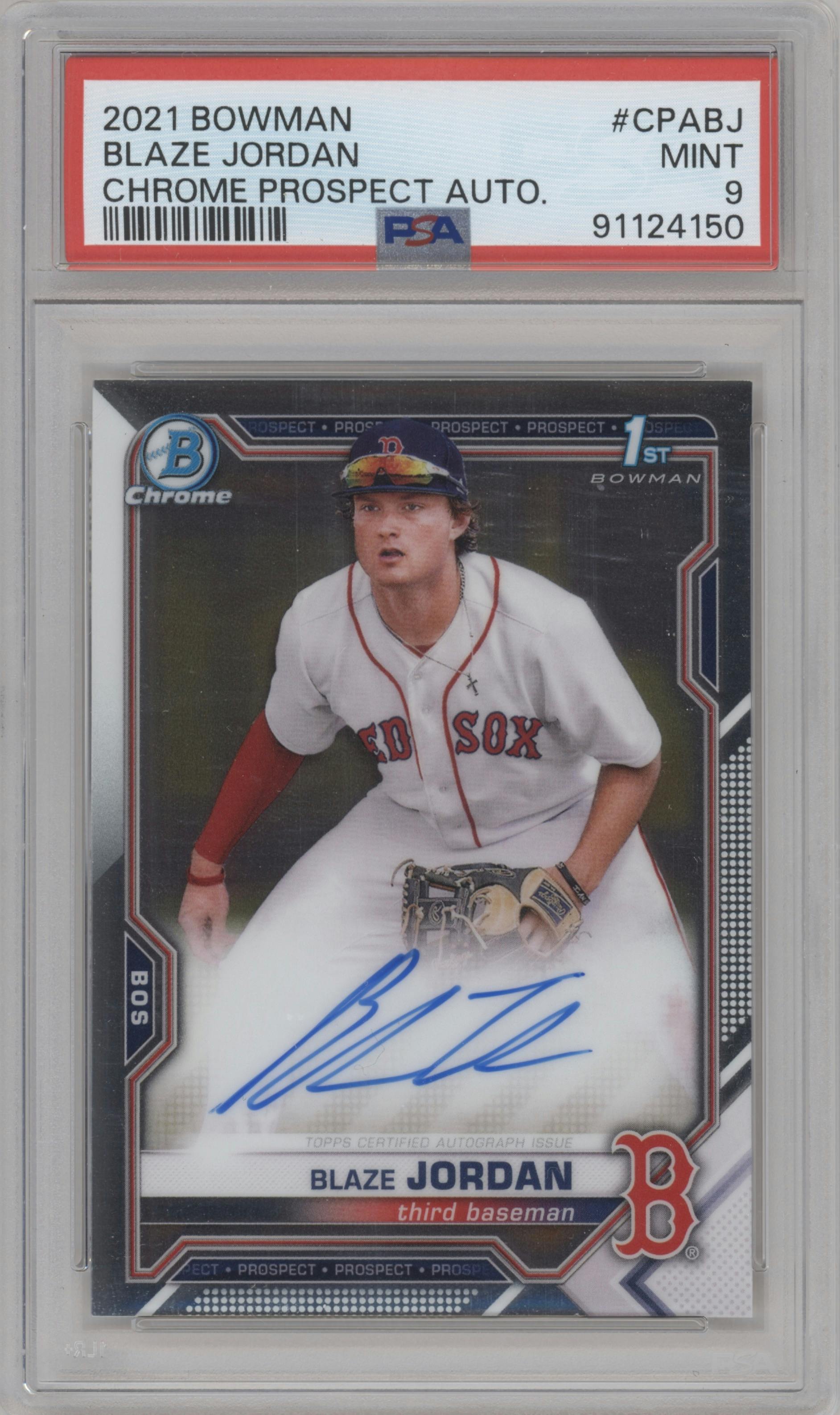 Blaze Jordan from the 2021 Bowman set graded by PSA and given an overall grade of 9.